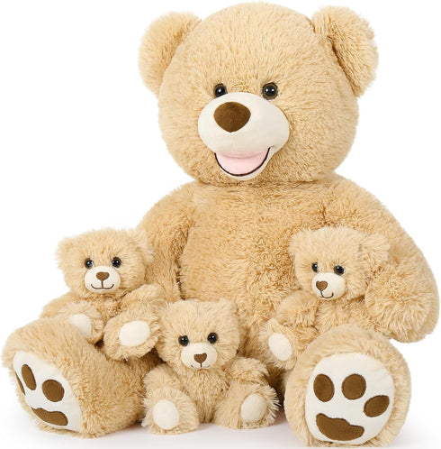 MorisMos 28 in Big Teddy Bear Stuffed Animal Mommy with 3 Baby Bears, 4 Packs Classic Brown Plush Toy Set