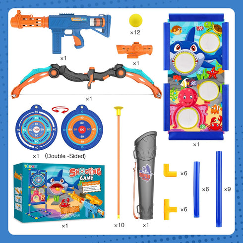 KKONES Kids Bow and Arrow Set, 2 in 1 Shooting Game Toy with LED Light Up Archery Toy Set, Bow & Air Gun, Foam Balls,