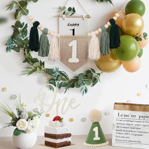 No.1 1st JUIIZAY First Birthday Party Decorations Green High Chair Banner Crown Cake Topper Birthday Decor