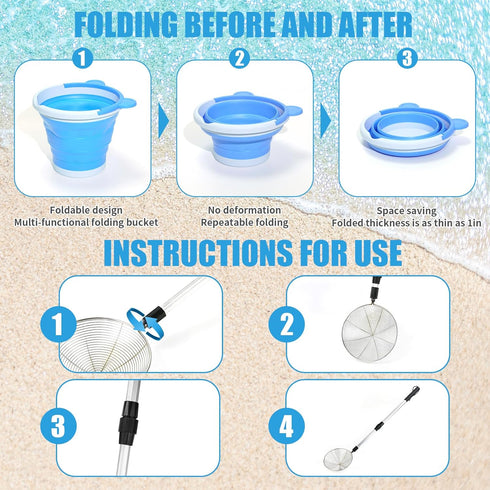 5 2 Summer PCS Shelling Tools for Beach Include PCS Seashell Bag, Mesh Sand Sifter Shovel, Foldable Beach Bucket