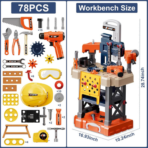 Kids Tool Bench - 78 Piece Toddler Tool Set with Electric Toy Drill and Realistic Tools for Pretend Play
