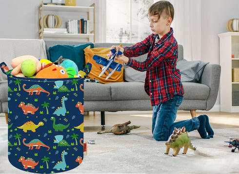 19.7 Inch Dinosaur Round Kids Laundry Hamper, Dino Laundry Basket with Handles, Baby Toys Storage Organizer for Boys &