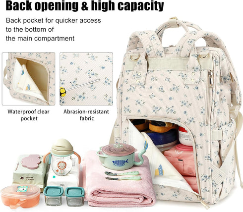 Qiwuphx Backpack Corduroy Diaper Bag for Mom, Large Capacity Travel Nappy Bag for Baby Girls & Boys with Stroller