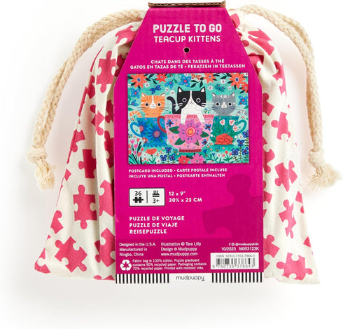 Mudpuppy Teacup Kittens – 36 Piece Puzzle to Go, Charming Cats and Colorful Florals, Ages 3 and Up