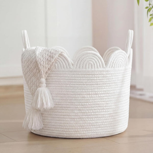 LemonRoad White Round Basket Large Blanket Basket 15.8"L x 15.8"W X13.8"H Scalloped Woven