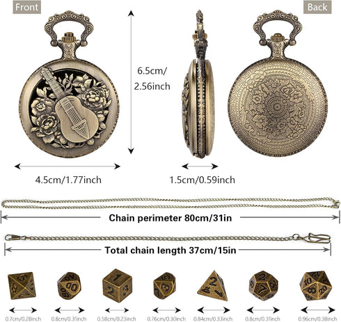 Mini DND Dice Set Steampunk Hollow Bard Pocket Watch Shell Case, 7pcs Tiny Polyhedral Metal Dice