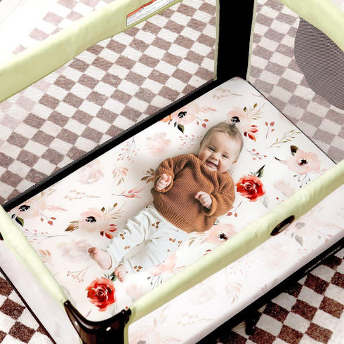 Pack n Play Sheets Fitted, 3 Pack, Stretchy Ultra Soft Jersey Knit, Watercolor Rose Flora