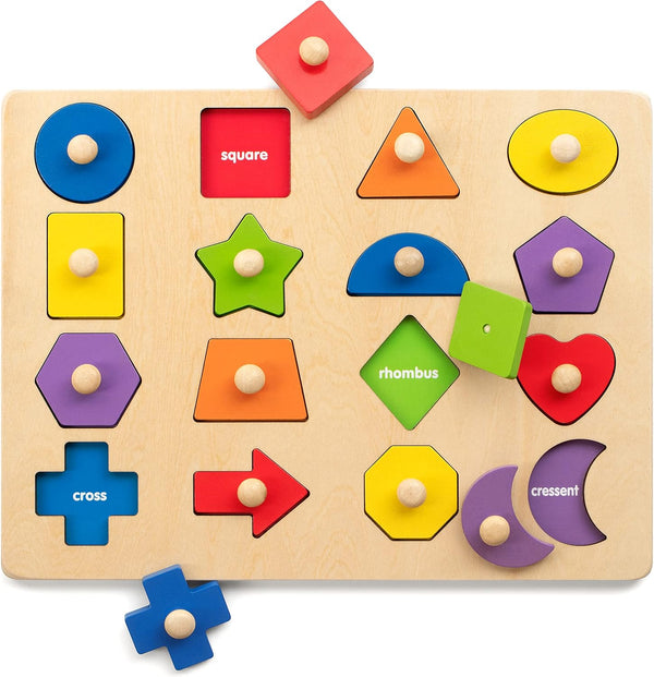 Coogam Montessori Toy Wooden Shape Peg Puzzle - Fine Motor Color Matching Sorting Board, Early Learning Gift for 3-5