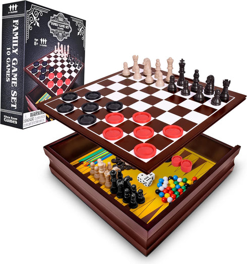 Elbow Room Games Family Game Set, 10 Classic Games with Wooden Storage