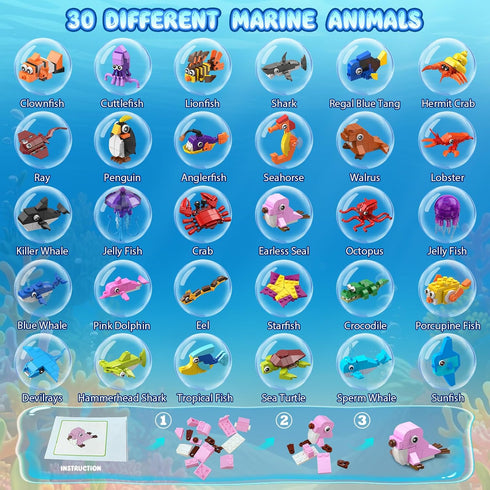 30 Pack 824PCS Sets 6+ Animals Easter Party Favors For Kids, Marine Animal Building Block for Easter Basket Fillers