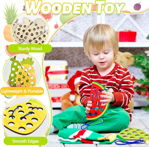 Woozettn 4 Pack Set 35 Wooden Lacing Threading Toys, Fine Motor Skills Educational Puzzles, Wooden Fruit Threading