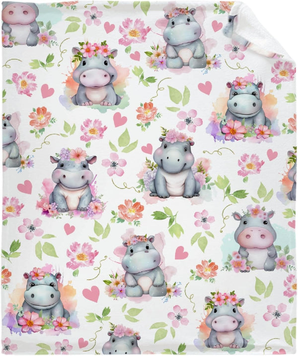 Cute Hippo Floral Baby Blanket - Super Soft Swaddle Newborn Cozy Receiving Blanket for Crib 40x30