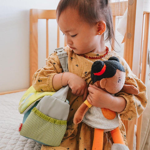 Summer 18 HABA Baby Doll Diaper Bag with Soft Bottle & Reusable Cloth Doll Diapers, Folds into Changing Mat, Meadow