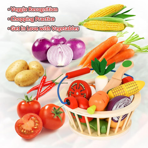 Set Wooden Vegetable Toys for Children,Pretend Play Food for Kid, Magnetic Cutting Kitchen Toy with Picnic Basket,Baby