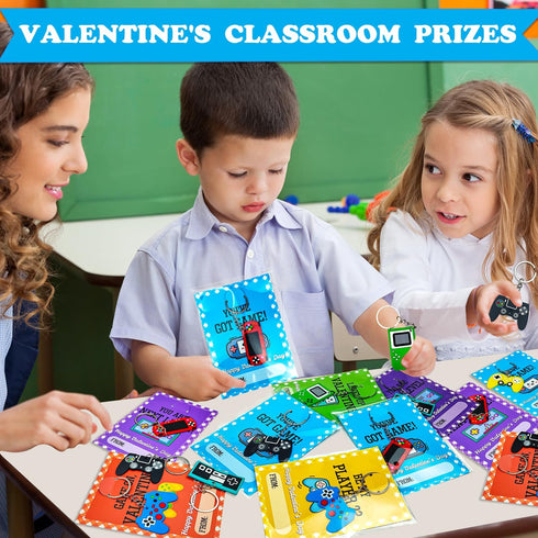 Valentines Day Gifts Cards for Kids Classroom - 30 Pack Video Games Keychains with Class Exchange Cards