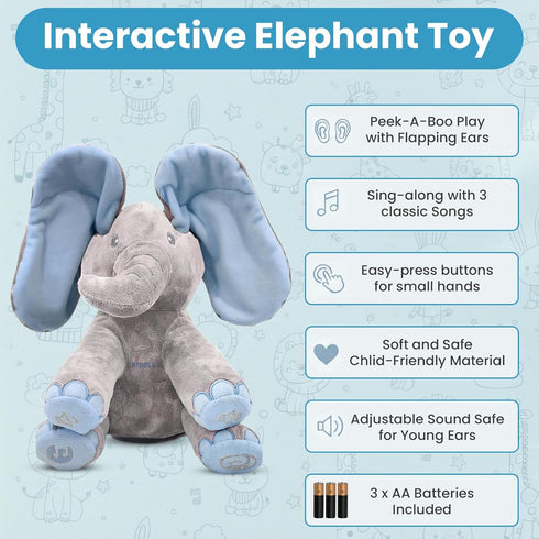 0 Dimple Kyle Elephant Stuffed Animal Toy - Animated Plush Blue Singing Elephant, Interactive Musical Peek-a-Boo