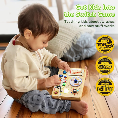 1 2 3 4 1-3, JoyCat Busy Board with Led Light, Toddler Toys for Year Old Boys and Girls, Wooden Sensory Toys