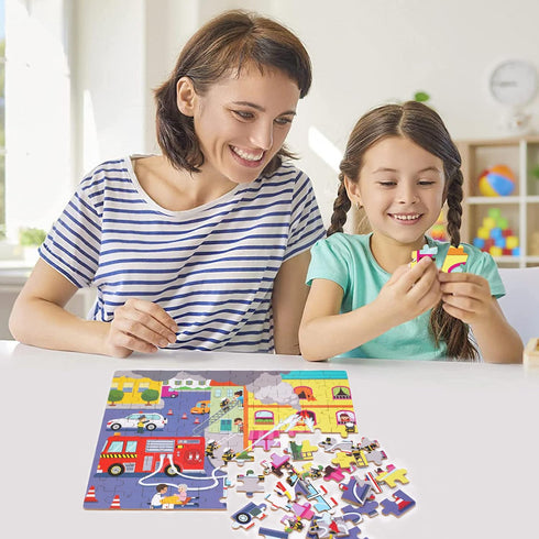 100 4-8 LELEMON Pieces Jigsaw Puzzles in a Metal Box for Kids Age for Boys Girls Toy Puzzles Fire Truck Ambulance