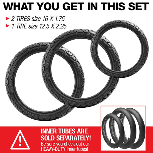 16" 1.75 12.5" 2.25 Set (3-Pack) Two x Rear and One x Front Wheel Replacement Tires for Jogging Strollers - The Perfect