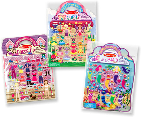 Melissa & Doug Puffy Sticker Pads Set: Fairy, Dress-Up, Mermaid - 216 Reusable Stickers