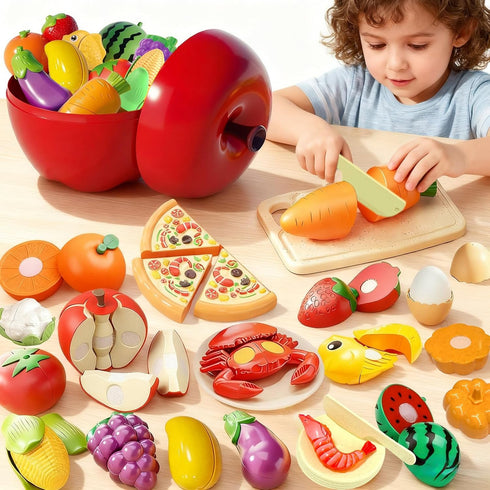 Pretend Play Food Sets for Kids Kitchen, Cutting Toy Food with Apple