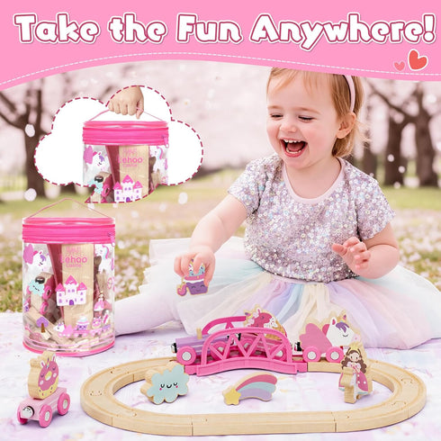 Set Set 2-4, 3 Lehoo Castle Wooden Train for Girls, Unicorn Train for Toddlers Wooden Train Track with Storage Bag