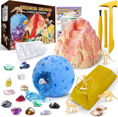 UNGLINGA Gemstone Excavation Kit, Excavate 15 Gems and 4 Plastic Dinosaur Fossil Skeletons, Science Experiments for Kids