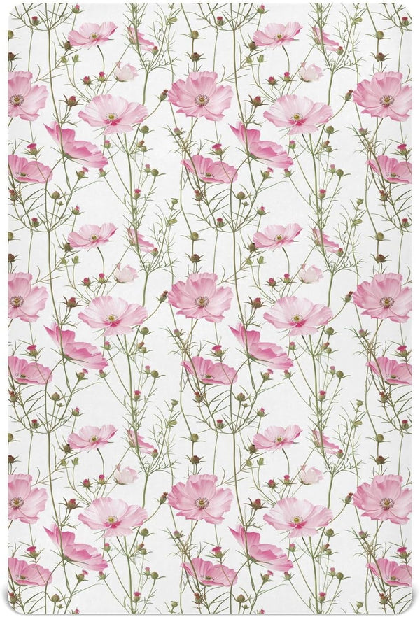 KICPOAY Pale Pink Wildflowers Fitted Crib Sheets Stretchy Portable Playard Sheets for Baby