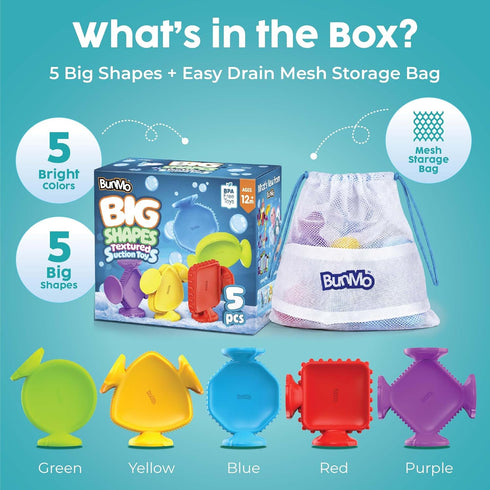 13 (5 Pack), 1+, BUNMO Big Shapes Textured Suction Bath Toys for Toddlers Extra Large Silicone Bathtub Toys, BPA-Free