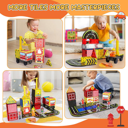 Set 2 2 3-5 5-7, 3+ Magnetic Tiles Road with Fire Trucks & Dolls, Double-Sided Magnet Tiles with Cranes, Toys for Boys