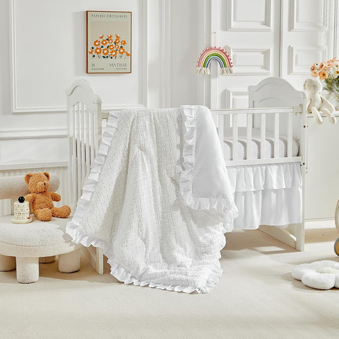 3 Set Pieces Tufted Crib Bedding with Ruffle Fringe, White Ruffled Comforter with Fitted Sheet and Bed Skirt , Soft