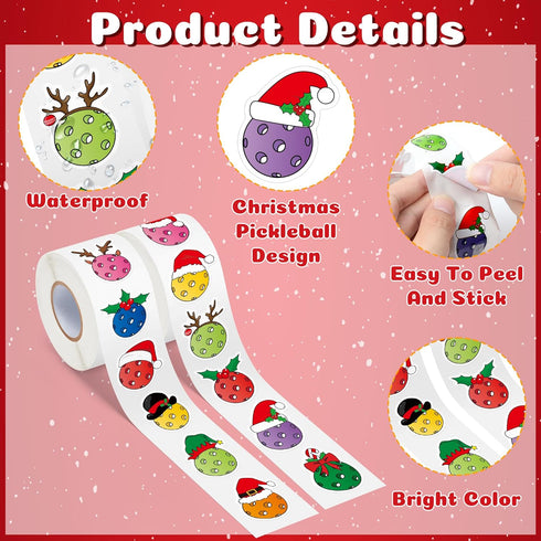 1000Pcs Haooryx Chirstmas Pickleball Sticker Rolls - Colorful Pickleball Waterproof Vinyl Reusable Laptop Stickers