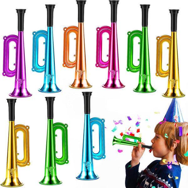 24 Pack Metallic Trumpets | Plastic Musical Instruments Noise Makers for Parties and Events, Assorted Colors