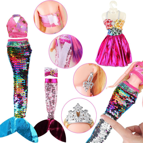 BYCICI Set 4-7 Summer Magical Mermaid Dolls for Girls - Princess Twin Dolls with Color-Changing Purple Dolphin, Outfits