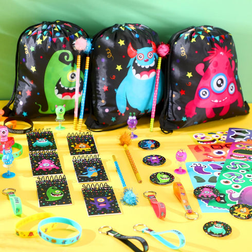 Abbylike 102 Pcs Monster Party Favors, Make Your Own Stickers, Spring Launchers, Drawstring Backpack, Notebooks & More