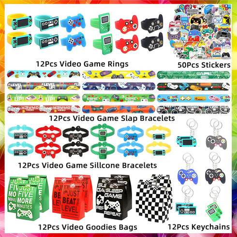 110 Pcs Video Game Party Favors, 12 Sets of Gaming Birthday Goodie Bags with Keychain, Slap Bracelet, Stickers