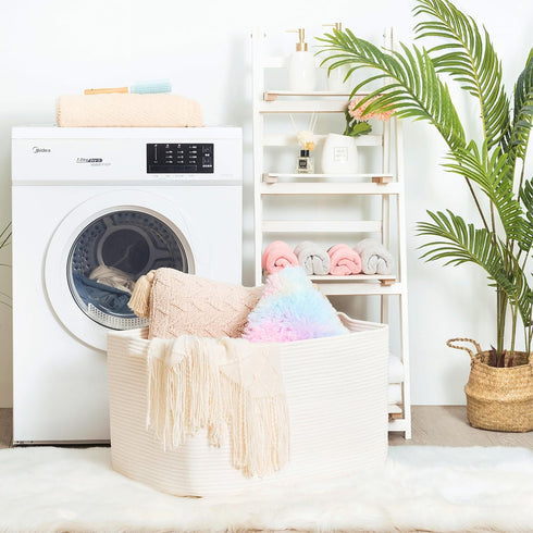 MINTWOOD Design 22in Extra Large Blanket Basket Holder, Rectangle Rope Woven Storage Baskets with Handles, Creamy White