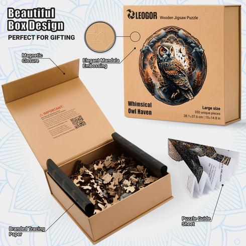 LEOGOR Wooden Puzzle for Adults - Whimsical Owl Haven - 350 Piece Large Nature Inspired Round Mandala