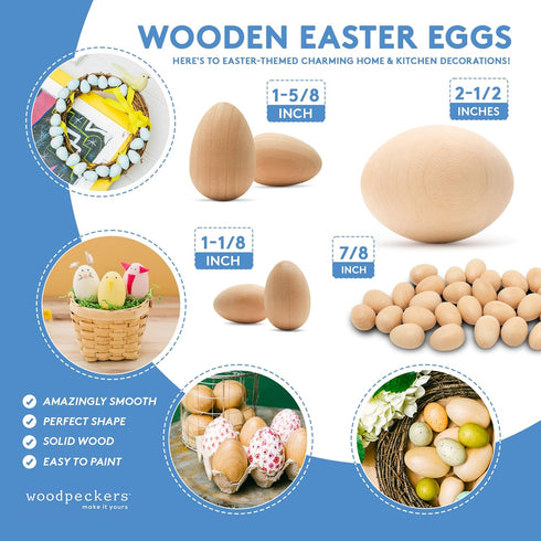 Woodpeckers 6 Quality Wood Easter Eggs to Paint, Smooth Wooden Eggs for Crafts, 2-1/2 in