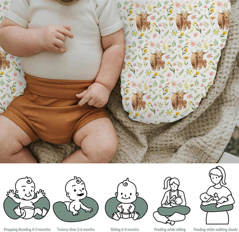 Highland Cows Boho Floral Baby Nursing Pillow Covers for Boy Girl Yak Cattle Retro Flowers Leaves Nursery Pillowcase