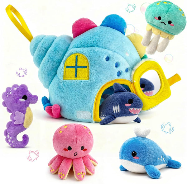 pamexin Baby Toys 6-12 Months, Ocean Stuffed Animals Set with 1 Conch House