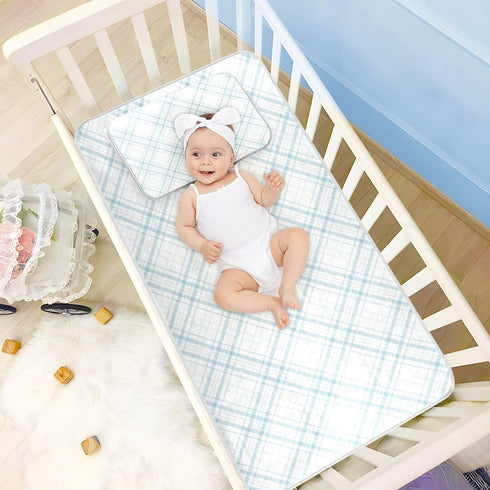 SyXIOP 28" 52" Blue and White Checkered Pattern Cooling Baby Fitted Crib Mattress x Absorbent Crib Bumper Pads