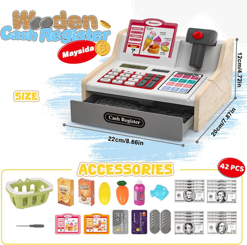 2-4 4-8 maysida Rechargeable Wooden Kids Cash Register with Scanner, Pretend Play Cash Register Toy with Fake Money