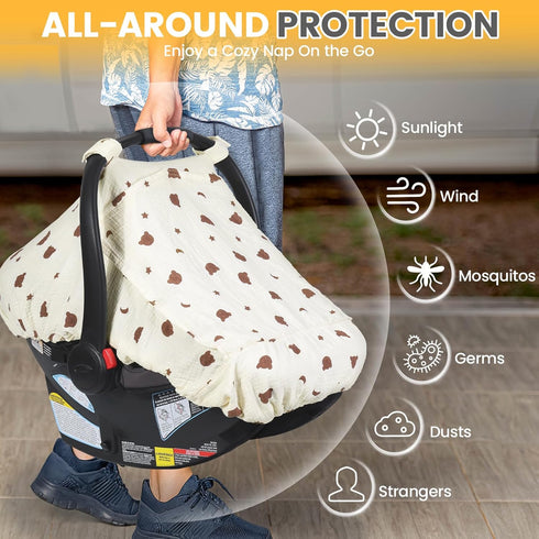 Orzbow Cotton Baby Car Seat Cover, Breathable Car Seat Canopy for Girls Boys with Mesh Window, Lightweight Baby Carrier