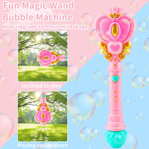 Bubble Wand for Kids - Princess Heart Bubble Machine Blower Maker Wand with Light, Outdoor Toys Gifts for Ages 1-8