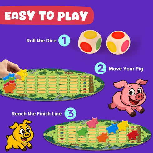 SkilLify 3-7, 2-6 Run Piggy Cooperative Board Game, Adorable Family Dice Game for Kids Ages Color Matching Board Game