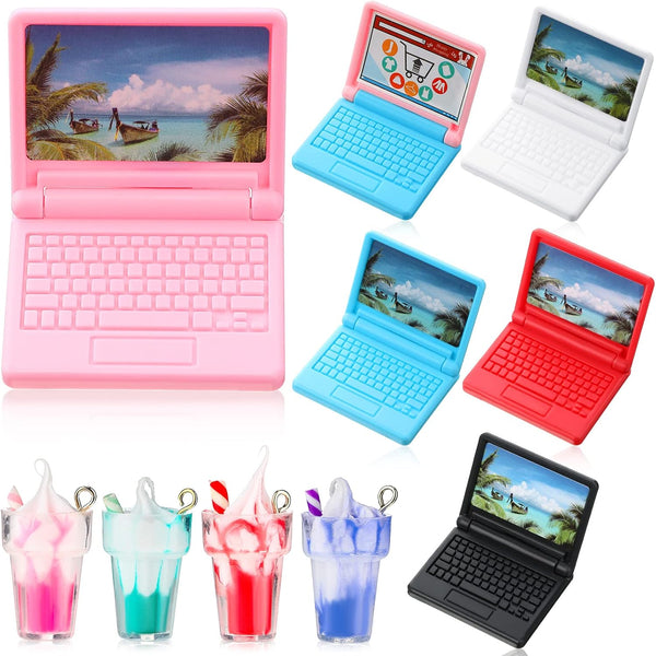 6 Pieces 1:12 Dollhouse Mini Laptop & 4 Pieces Mini Bottle Ice Cream – Simulation Notebook Lovely Folding Laptop Model