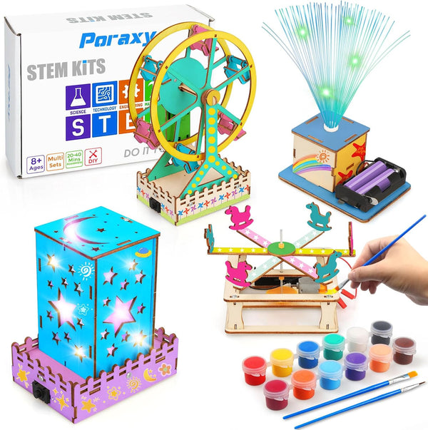 Poraxy 4 in 1 STEM Kits for Kids Ages 8-12 - 3D Wooden Puzzles, Science Project Model Craft Building Kits