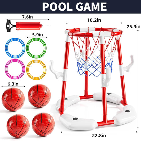 NIPLOOOW 2-in-1 4 Swimming 3-12 Pool Basketball Hoop, Floating Pool Toys Ring Game with Balls and Pump, Outdoor Pool