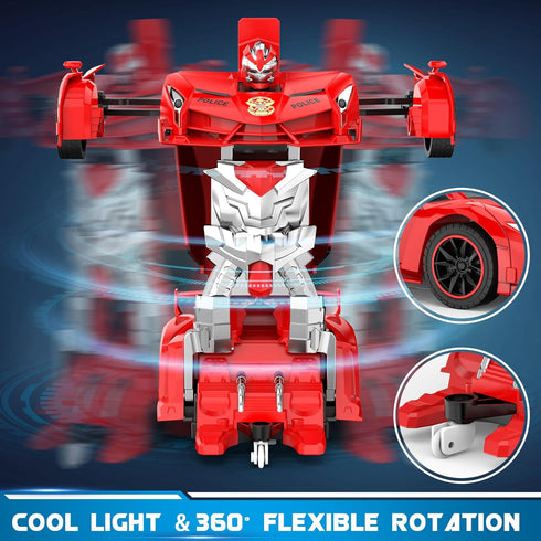 Transform Remote Control Car Robot, 1:18 Scale Police Car with Flashing Light, 360 Degree Rotating Drifting